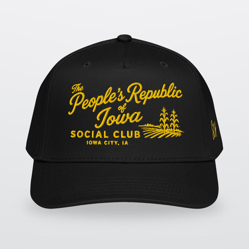 The People's Republic of Iowa Social Club Postcard Black & Yellow Hat - Iowa City, IA